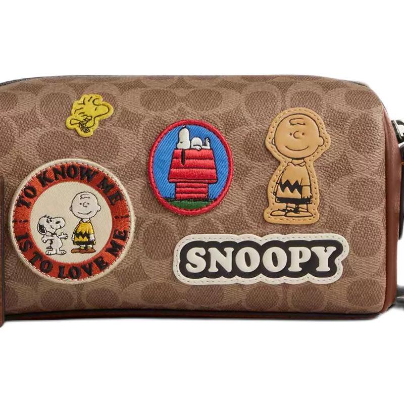 Coach X Peanuts Collaboration Axel 21 Cartoon Patch Design Coated Canvas Crossbody Bag Small Women bags Brown CBS96-QBTAM