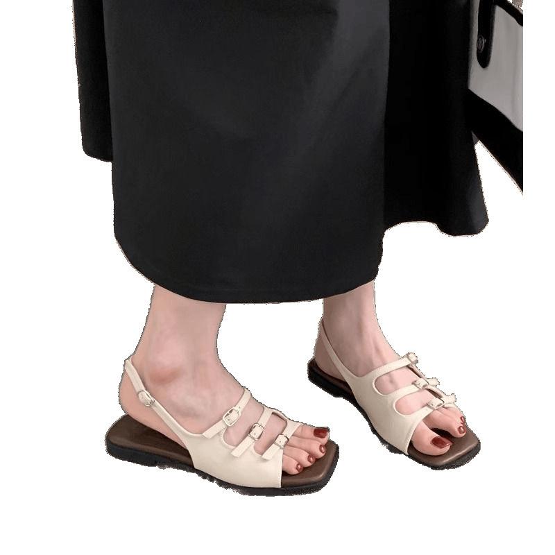 Französische High-End Sandalen mit offenen Zehen, flacher Sohle, weicher Sohle, Ein-Wort-Gürtelschnalle, Römersandalen, Damen-Sommerbekleidung, vielseitig