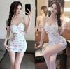 Small Floral Hip-wrapped Short Skirt Autumn and Winter Spice Girl Style Pure Desire Sexy Low-cut Mesh Thin Long-sleeved Dress