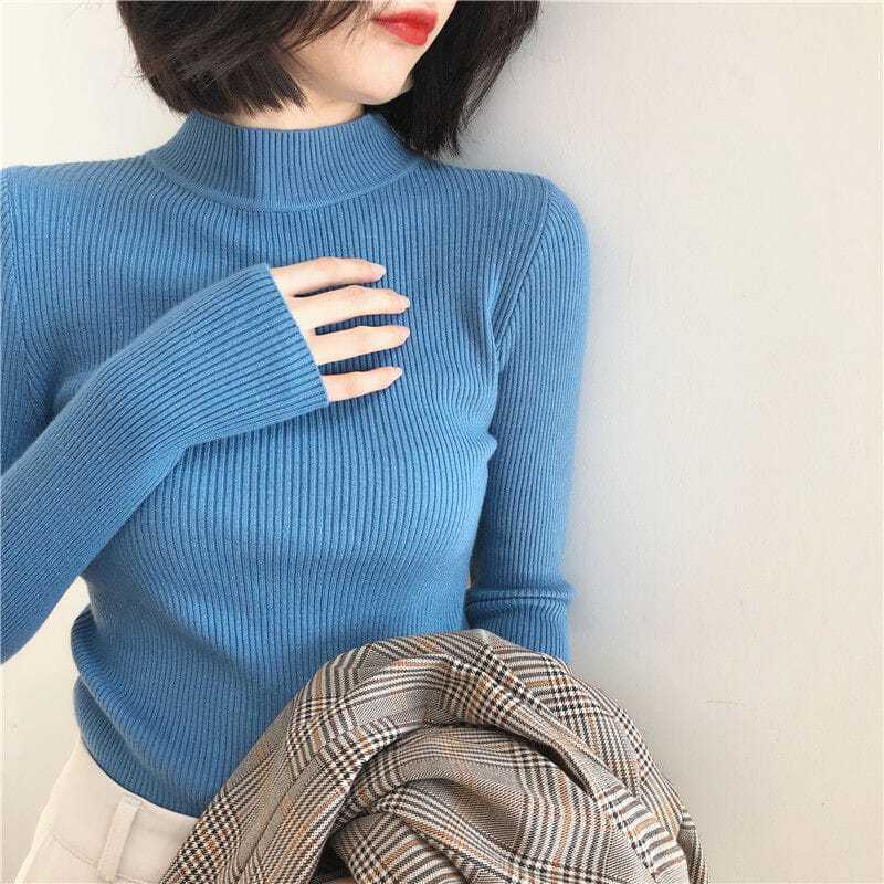 

Осень-зима женский эластичный вязаный свитер, полуводолазка, джемпер, плотная короткая трикотажная рубашка, пуловер, джемпер, трикотажные топы XXL синий