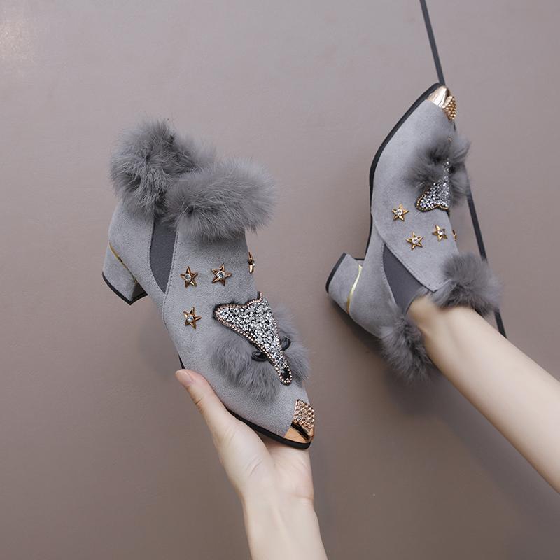 Fashion Winter New Chunky Single Boots Women's Fashion Metal Pointed Suede Sleeve Sequin Non-slip Ankle Boots