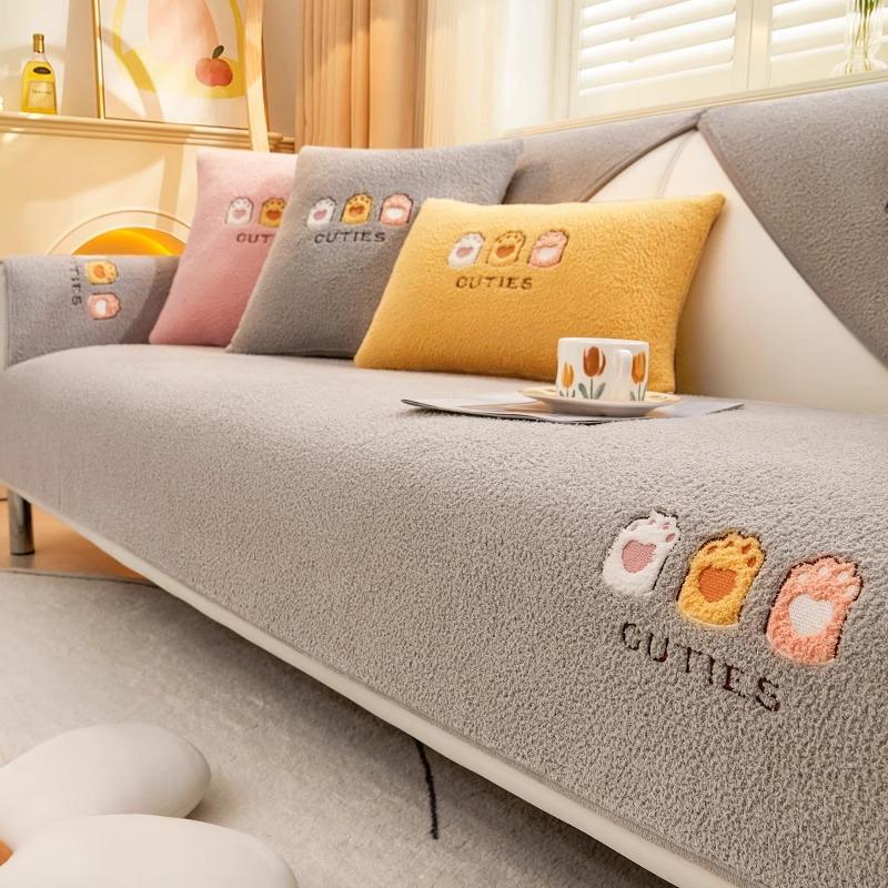 Embroidery Thickening Non-slip Sofa Cover Living Room Winter Warm Lambs Velvet Sofa Towel Nordic Sectional L-shaped Couch Covers