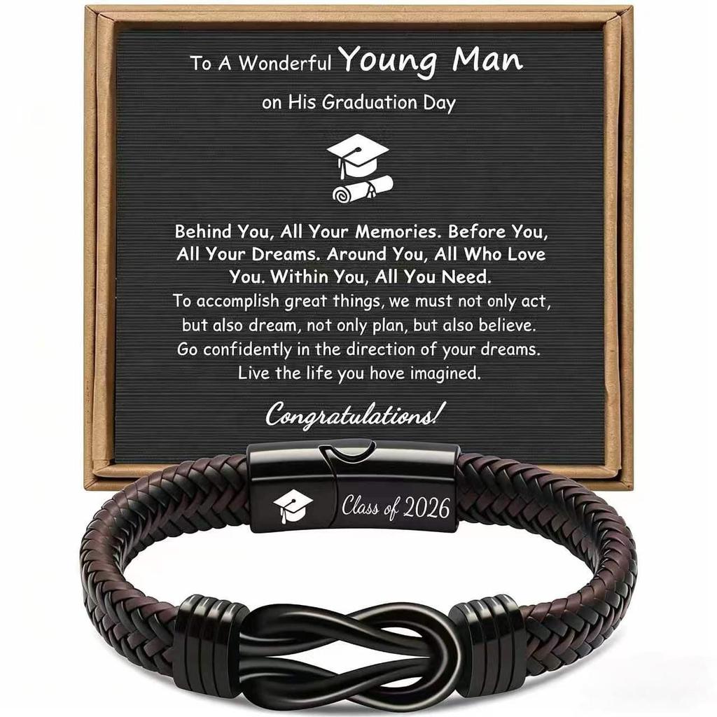 Men's Graduation Season Retro Woven Leather and Stainless Steel Bracelet