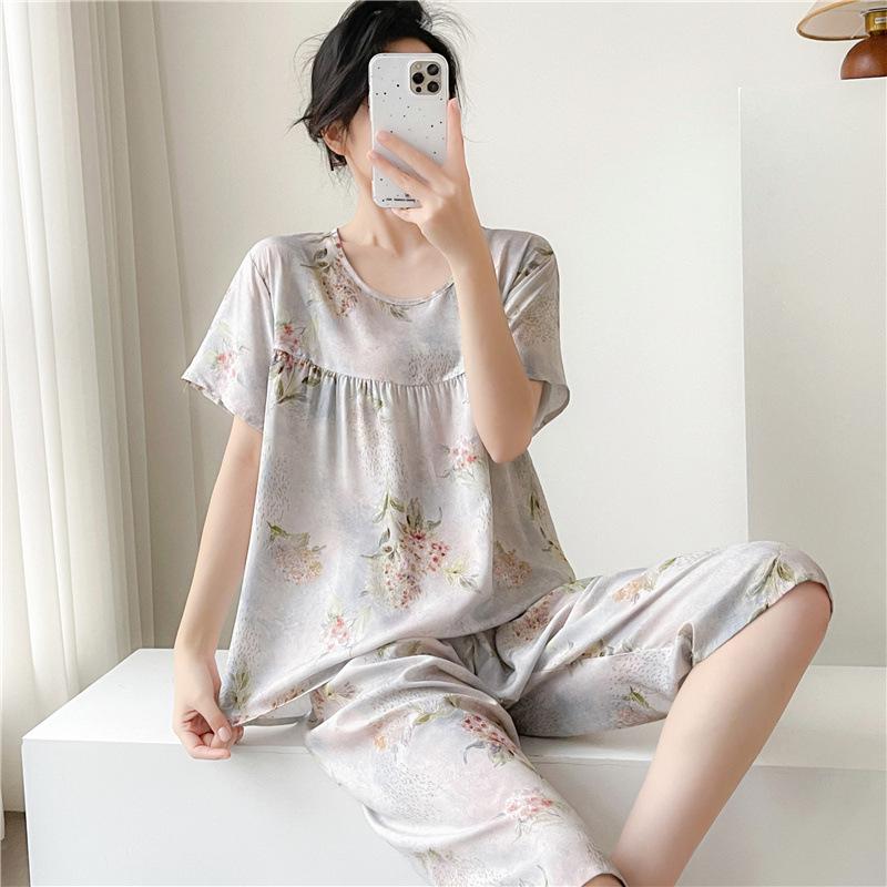 New cotton and silk pajamas women's summer thin two-piece set short-sleeved rayon cotton silk cute loose large size loungewear
