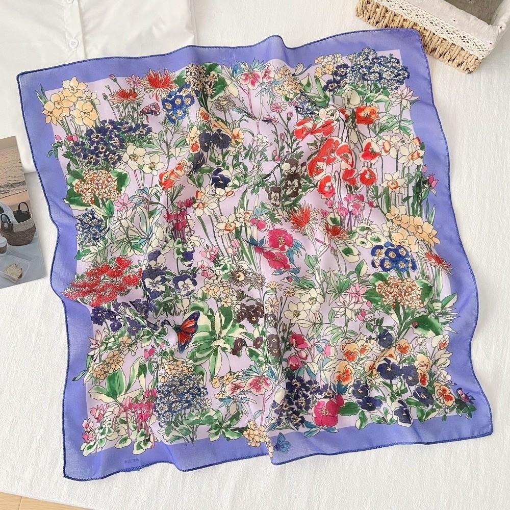 Square Printed Silk Scarf Pastoral Style Floral Kerchief Headband Cotton Linen Square Scarf  Female