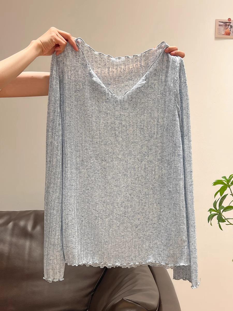 

Весна/Лето Французская рубашка с оборками, V-образным вырезом, прозрачными длинными рукавами, защитой от солнца, свободного кроя XXL синий