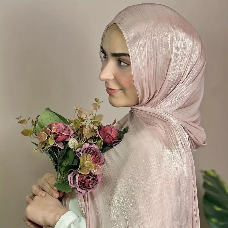 Island Wrinkled Scarf Women'S Shawl Island Satin Smooth Crepe Solid Color Bright Silk Yarn Malaysian Headscarf
