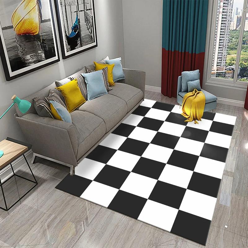 Modern Checkerboard Area Rugs Blue Black Pink Colors Wave Pattern Design for Contemporary Living Room Decor