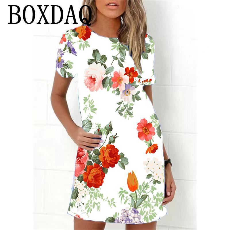 Blue Flower Print Women Dress Elegant Sweet Casual Short Sleeve Loose A-Line Dress Oversized Summer Beach Dress Female Sundress