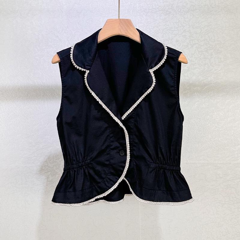 Black Hepburn Style Pearl Trim Vest & High Waist Skirt Set