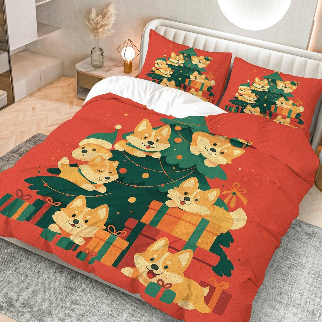 3-teiliges festliches Corgi Weihnachts-Bettbezug-Set - Gemütliche Polyester-Bettwäsche mit Reißverschluss, maschinenwaschbar, Cartoon für alle Jahreszeiten
