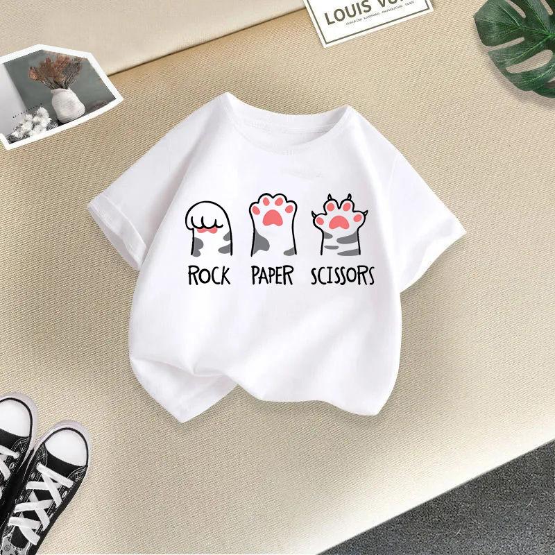 Children T-shirt Cute Cat Printed Kids 100% Cotton Clothes Tops 2-13Y Loose-fit Casual  O-Neck Short-sleeve T-shirt