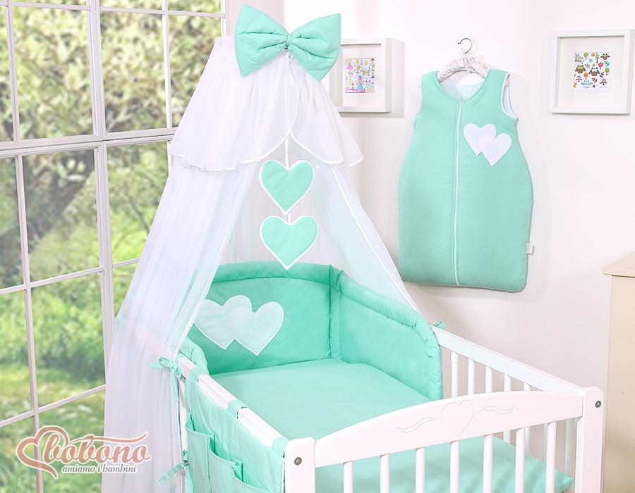 Large Mosquito Net for a Baby Cot Made of White Chiffon with Hearts and a Bow - Mint