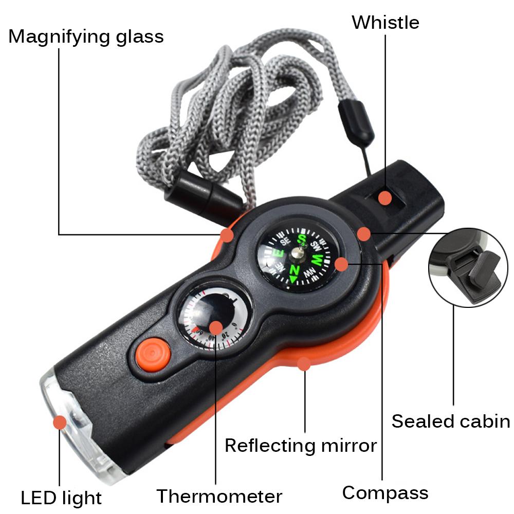 Multifunktionale Outdoor-Pfeife mit LED-Lichtern, Thermometer, Kompass, Überlebenspfeife, Praktisch