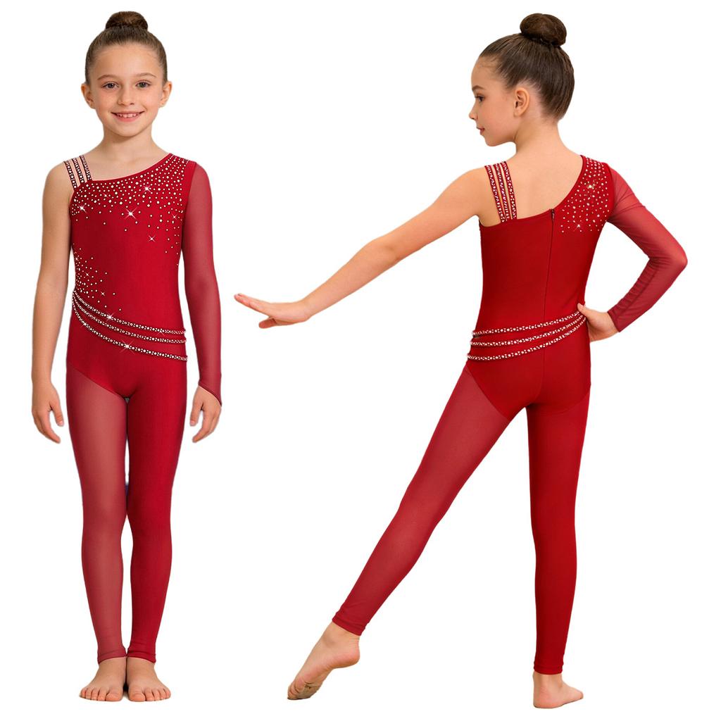 Girls Figure Skating Gymnastics Jumpsuit Asymmetrical Design Back Invisible Zipper Mesh Patchwork Sparkly Rhinestones Bodysuit for Competition