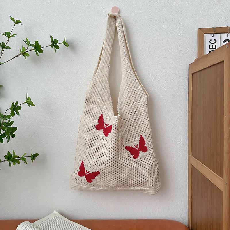 Ladies Woven Bag Striped Knitted Bag Simple Hollow Out Hand Held Shoulder Bag