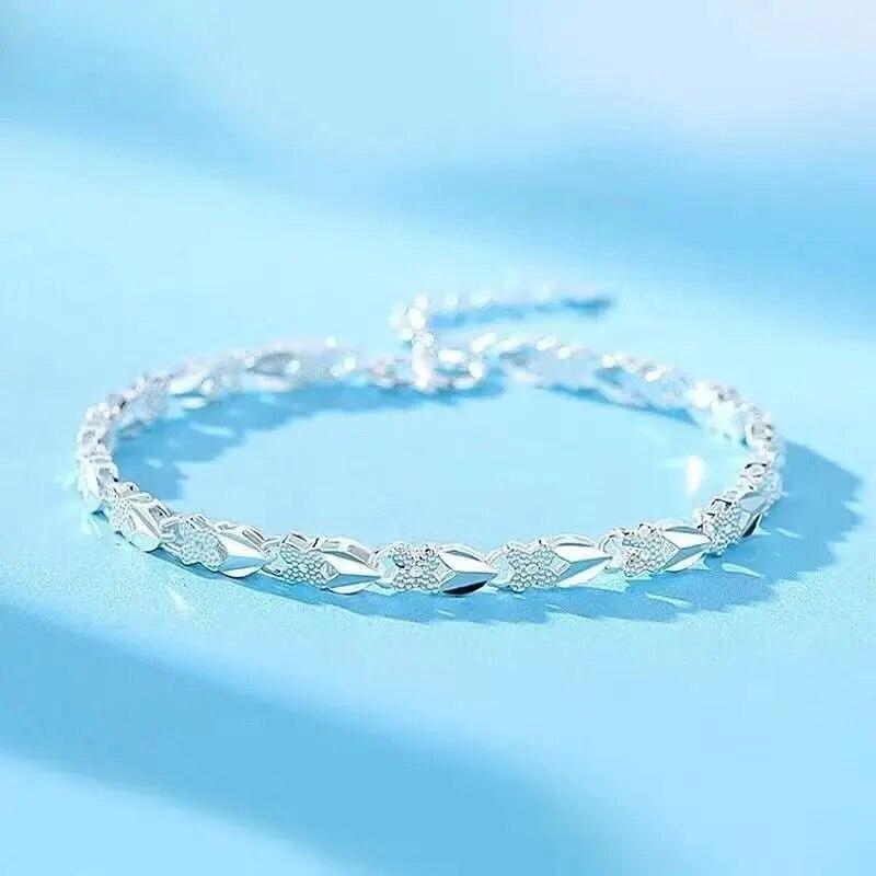 Pulseras de plata de ley 925 con forma de corazón y hojas para mujer, para bodas, joyas elegantes y bonitas, cadena bonita de 20 cm y 8 pulgadas