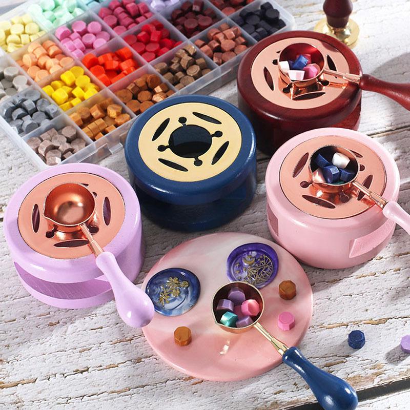 1 SET Retro Wood Handle Furnace Stove Pot Wax Seal Stamp Set Wax Spoon Lacquer Decorative Craft Gift Seal Wax Card Making SB002