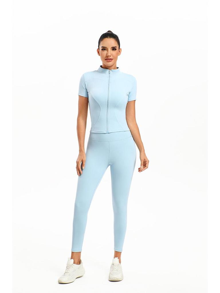 European & American Solid Color Yoga Two-Piece Set: Short Sleeve Top & Nine-Point Pants