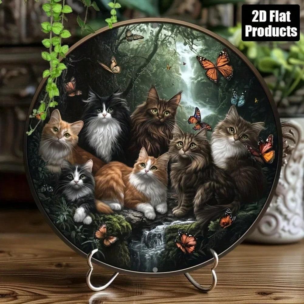 Vintage Cat Metal Wall Art 8x8 Inch Round Aluminum Sign For Home Decor Halloween Christmas 20x20