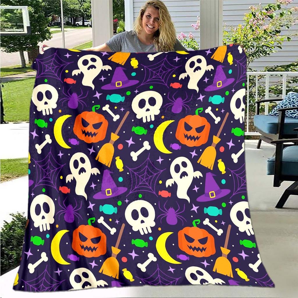 Halloween Ghost Pumpkin Cartoon Digitalprinted Polyester Velvet Flannel Cover Blanket Fleece Soft Sofa Cover Blankets for Beds