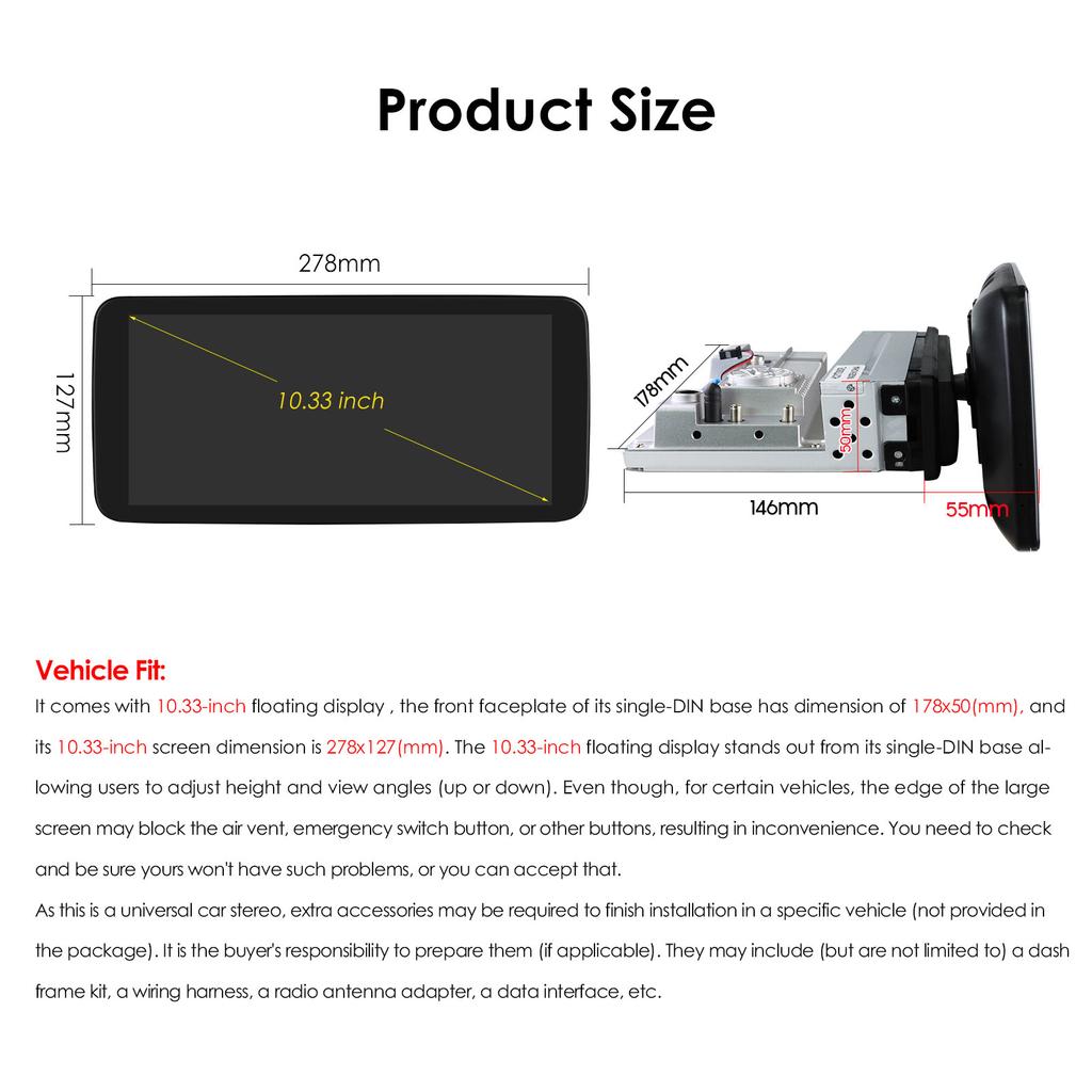10.33inch Car Radio Ossuret 1Din Touch Screen 360° Rotatable Android 13 GPS