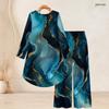Women Plus Size Round Neck Long Sleeve Blue Gold Marble Printed High Low Top And Wide Leg Pants Two Piece Set