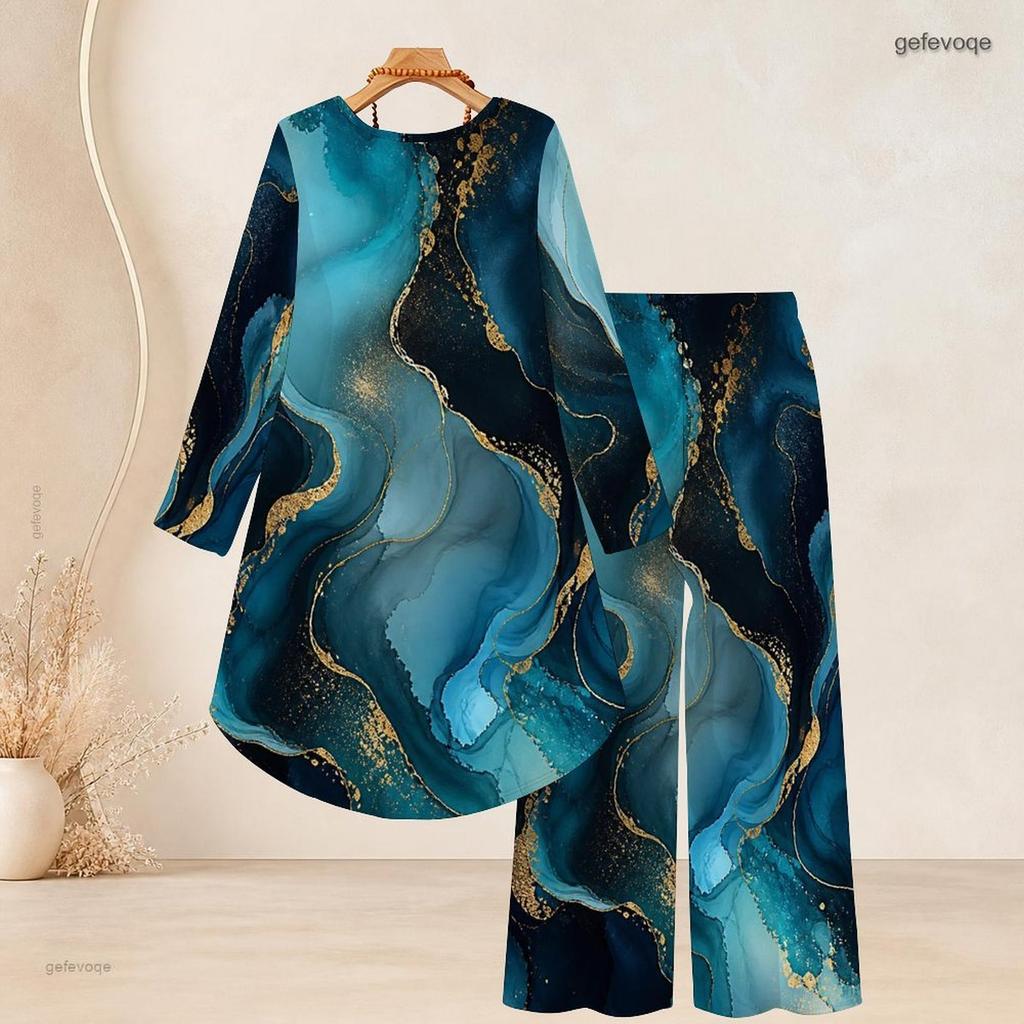 Women Plus Size Round Neck Long Sleeve Blue Gold Marble Printed High Low Top And Wide Leg Pants Two Piece Set