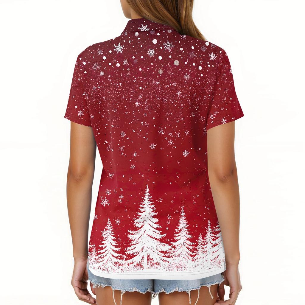 Women's Fashion Casual Lapel Short Sleeve Christmas Print Shirt Women's Button Up Tops
