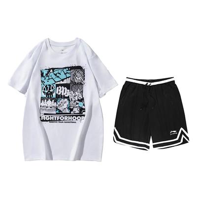 Printed Pattern Round Neck Short Sleeve Versatile Striped Solid Color Shorts Casual Sports Suit Unisex Suit AHSUA27-1+YAPV001-1