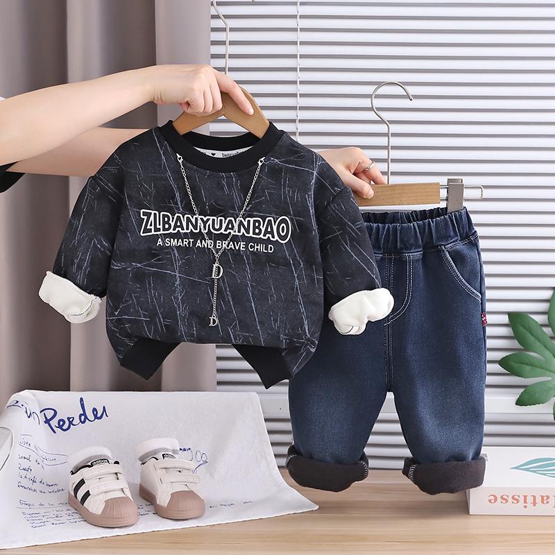 Boys' long sleeved 2-piece set, Children's autumn and winter round neck Letter printed fleece hoodie set