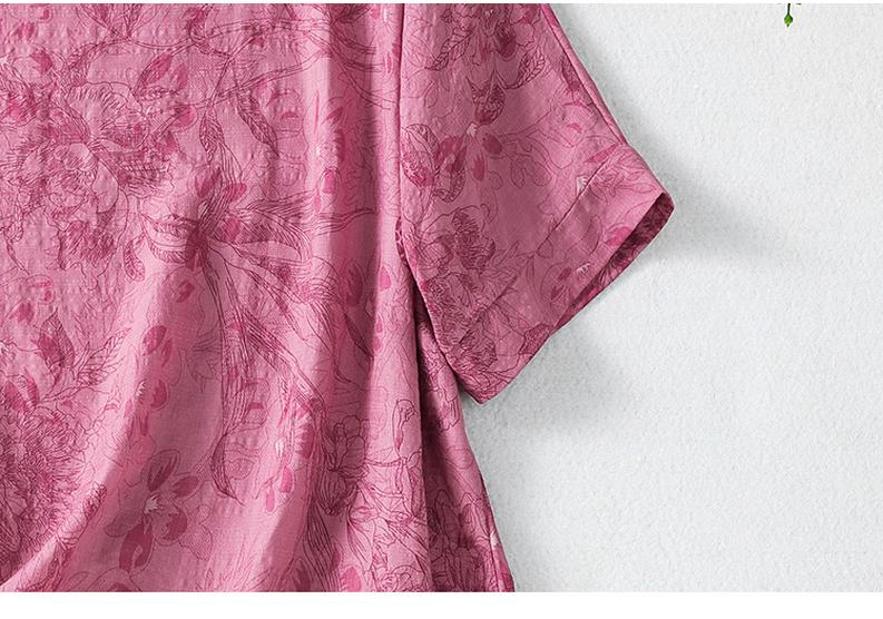 Bawełniano-lniana koszulka z krótkim rękawem, luźna, z okrągłym dekoltem, letnia, plus size