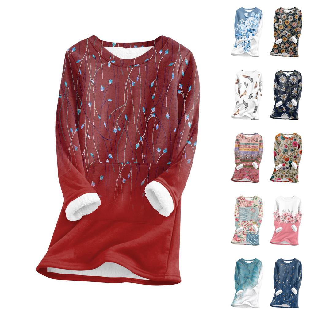 Women's Fashionable Printed Round Neck Long Sleeved Plush Warm Pullover Top