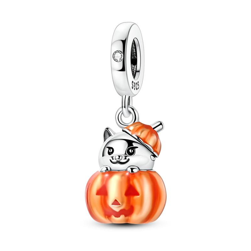 Copper Cute Ghost Beads & Cat Pumpkin Head Dangle Charm Fits Bracelet Halloween Pendant Accessories Gifts