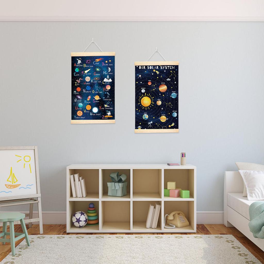 Space Room Decors Planet Solar Alphabets System Poster with Wood Frame for Kids Room Nursery Classroom Wall Art Decors