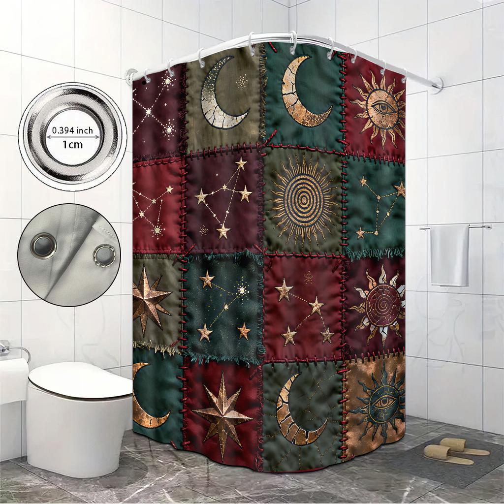 1Pc Fabric Sun Moon Splicing Print Waterproof Shower Partition Privacy Hanging Curtain 12 Hook Multiple Size Easy Installation