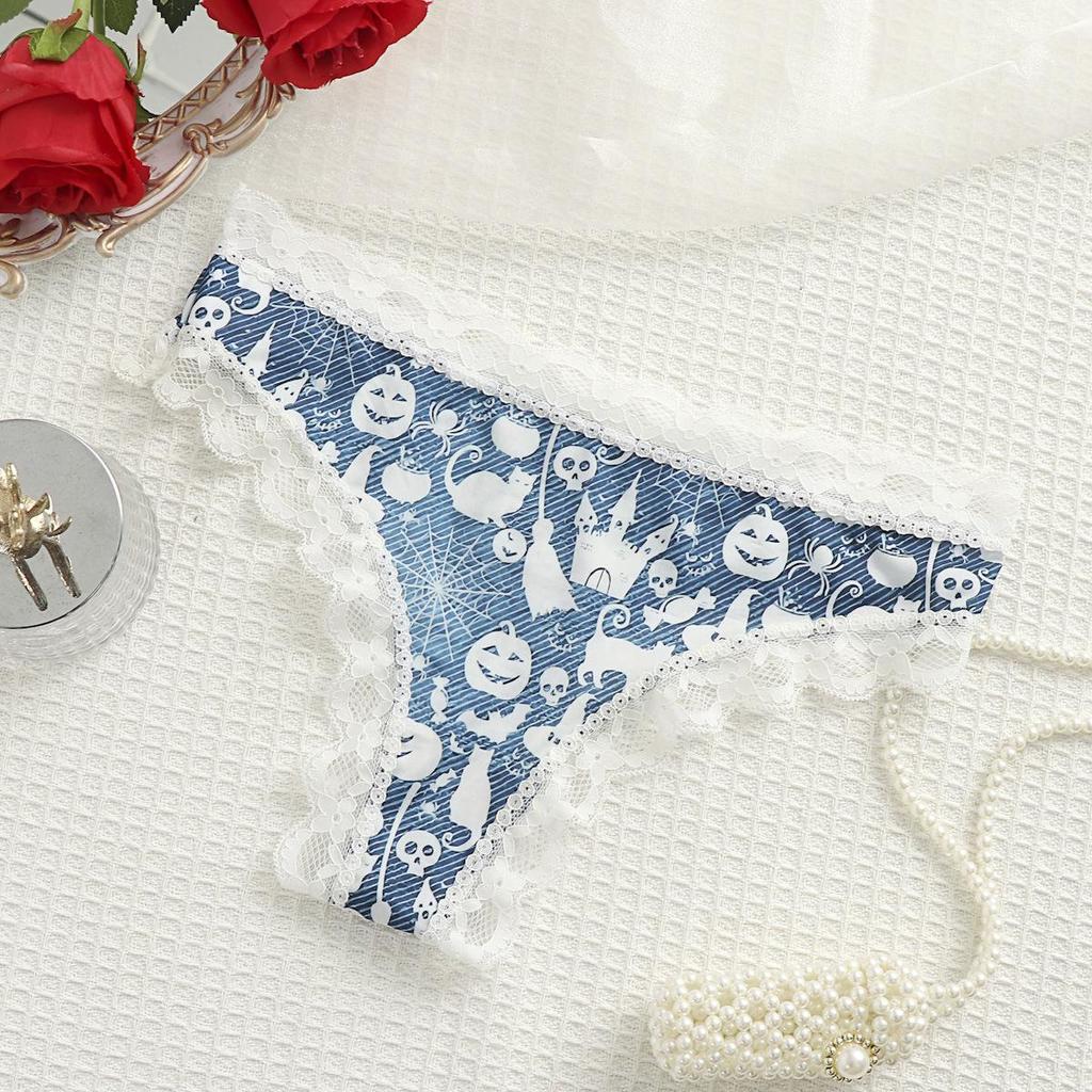 Lace Patchwork Seamless Halloween & Christmas Print Ice Silk Thong 367