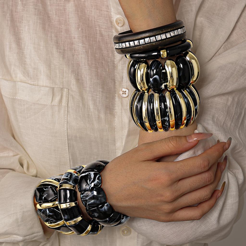 7 Styles Vintage Thick Resin Acrylic Bangles for Women Geometric Wide Chunky Elastic Bracelets Wood Bangle Metal Hand Jewelry