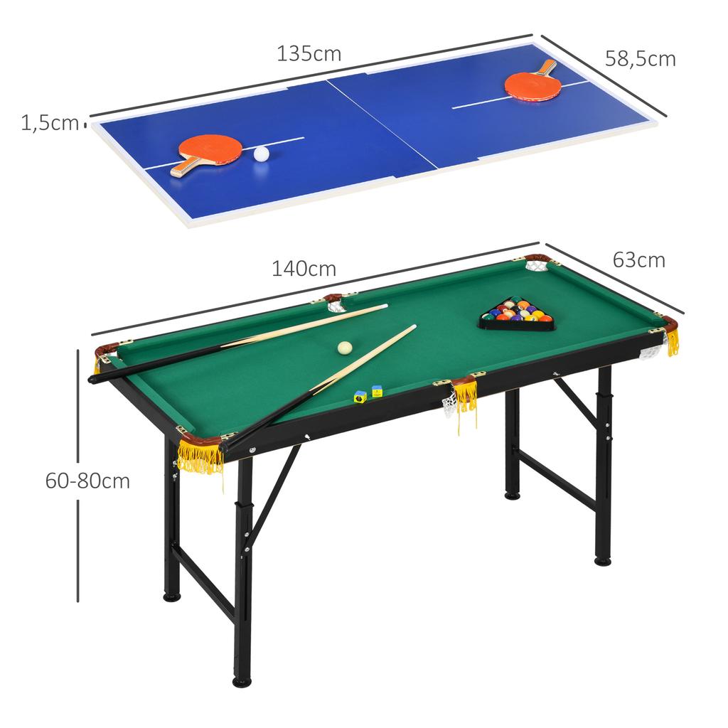 2-in-1 Billiard Table, Table Tennis Table, with Accessories, 140x63x80cm, Blue/Green