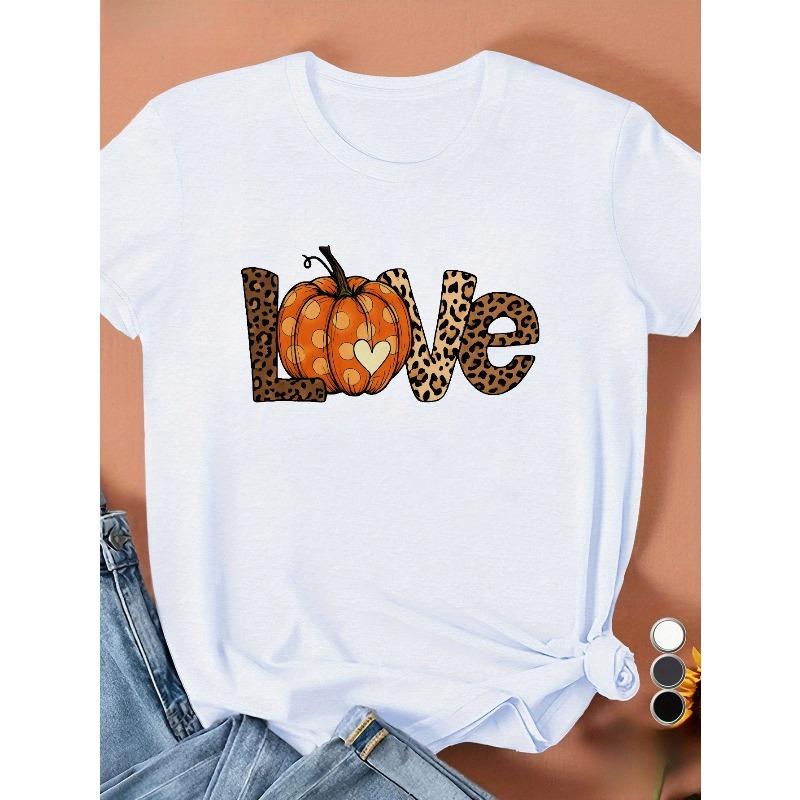 European Size Women'S T-Shirt-White Tee with Leopard Print 'L' & Pumpkin Accent - Breathable Everyday Casual Outfit - Soft Round Neck Short Sleeve Top