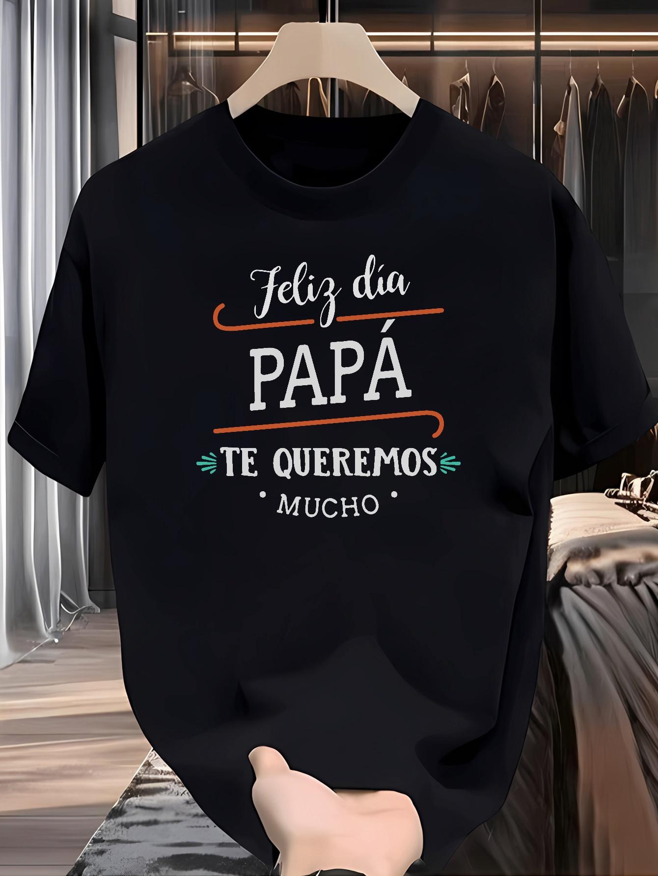 Casual Crew Neck T-shirt with Feliz Dia PAPA Print - Black S