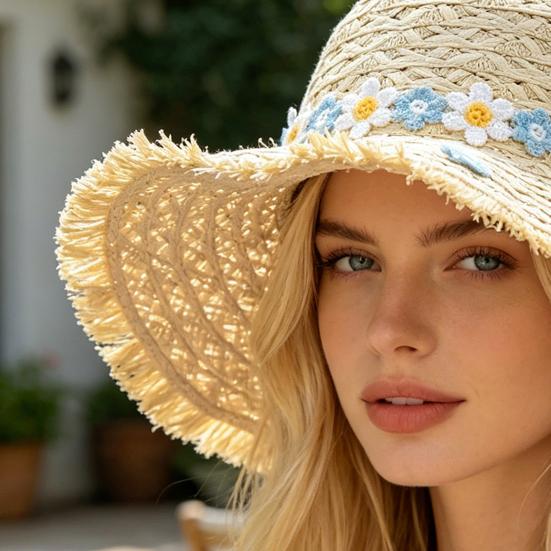 Yousheng Versatile Beach Hat, Lace Tie Straw Sun Hat with Windproof Flower Strap, Lightweight Breathable Summer Travel Hat