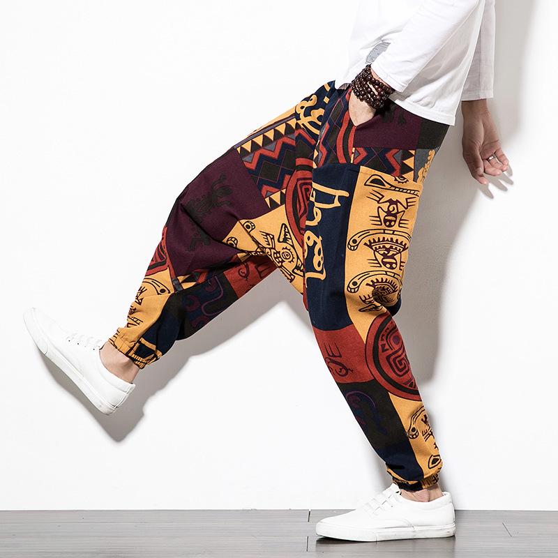 2026 Spring Men's Chinese-Style Cotton Linen Harem Pants - Printed Hip Hop Trousers