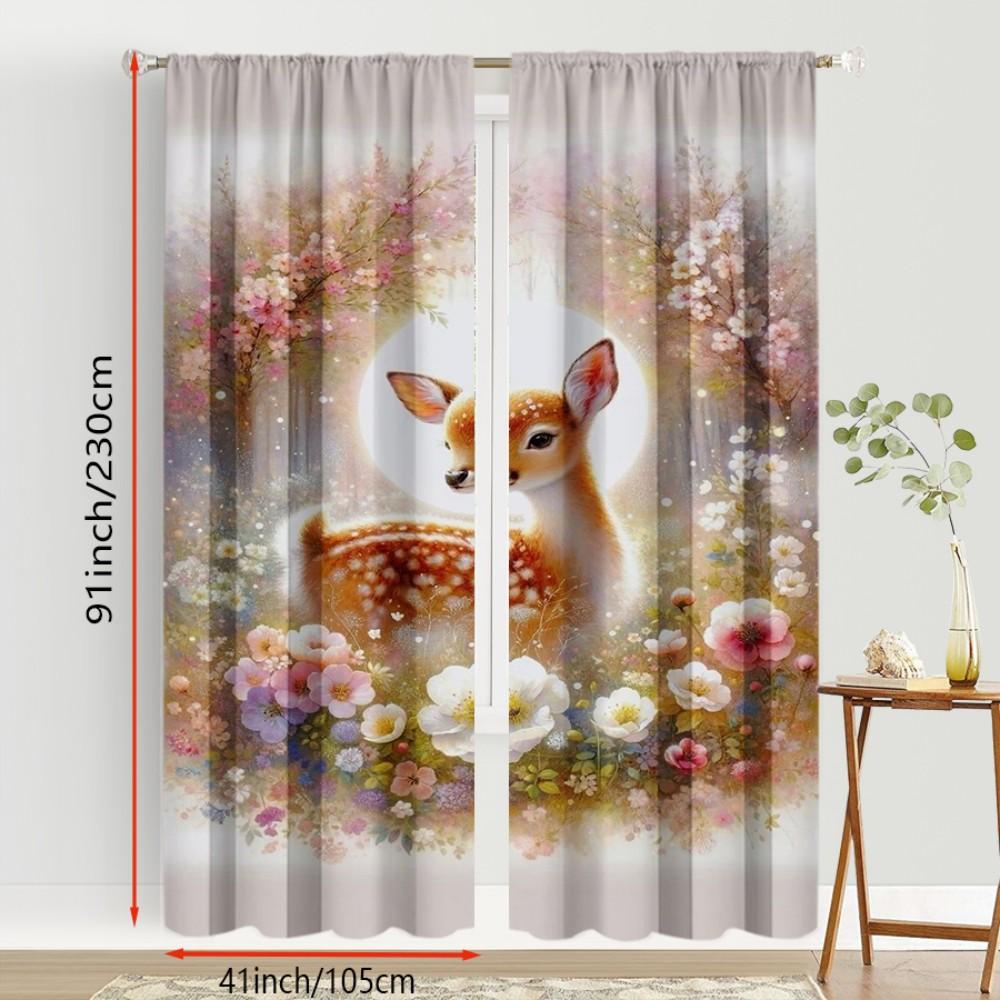2PCS Digital Print Curtains, Christmas Deer Fawn Floral Woodland Pattern, Cute Animal Style for Xmas Holiday Home Decor