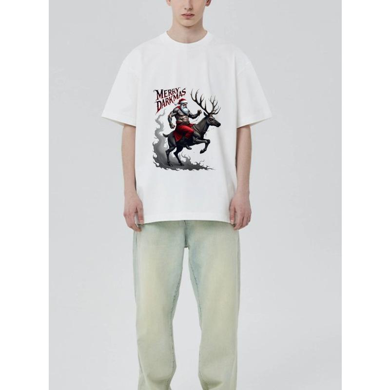 Black T Shirt with Santa Riding Deer and Merry Darkmas Text for Christmas Party Wear