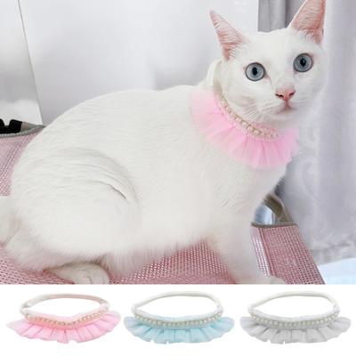 Handmade Lace Pet Wedding Bib with Adjustable Straps Pearl Embroidery Breathable Comfortable Pet Collar