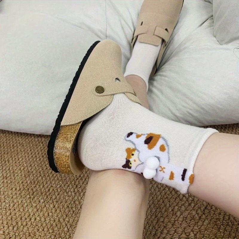 Cartoon Cat Egg Couple Socks Cozy Mid-Calf for Maternity Warm Winter Cute Present for Christmas Cat Lovers Family