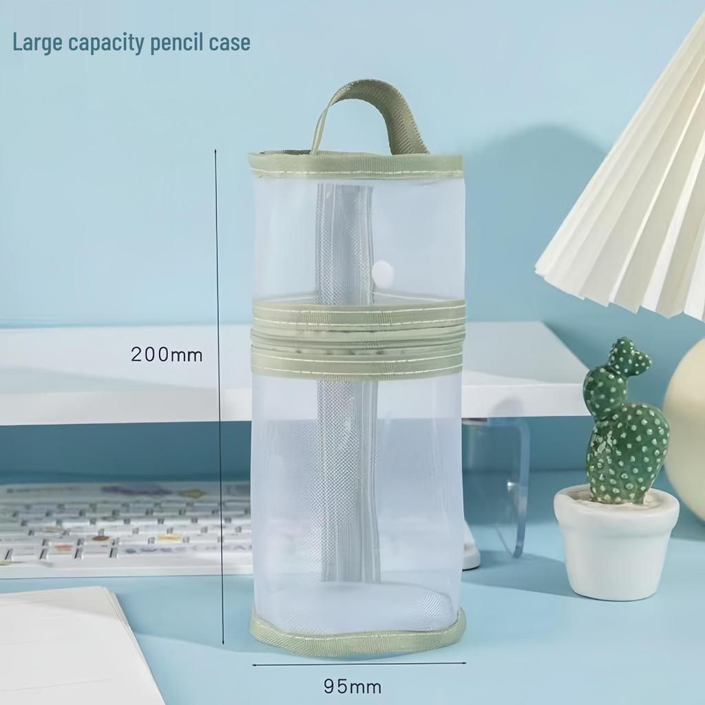 Transparent Two-Way Cylindrical Mesh Pen Holder & Pencil Case