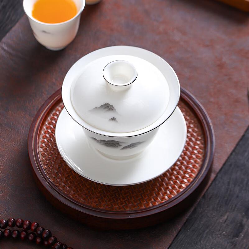 Muyi Mutton Fat Jade Style Ceramic Tea Set with Landscape Ink Design