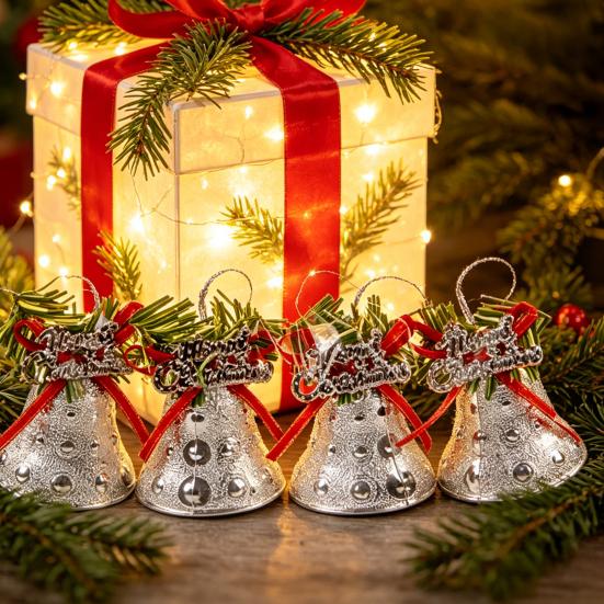 Thickened Electroplated Bell Christmas Ornament with Red Ribbon Bow, Small Jingle Gift Box Accessory Tree Hanging Decoration for Tree, Garland,